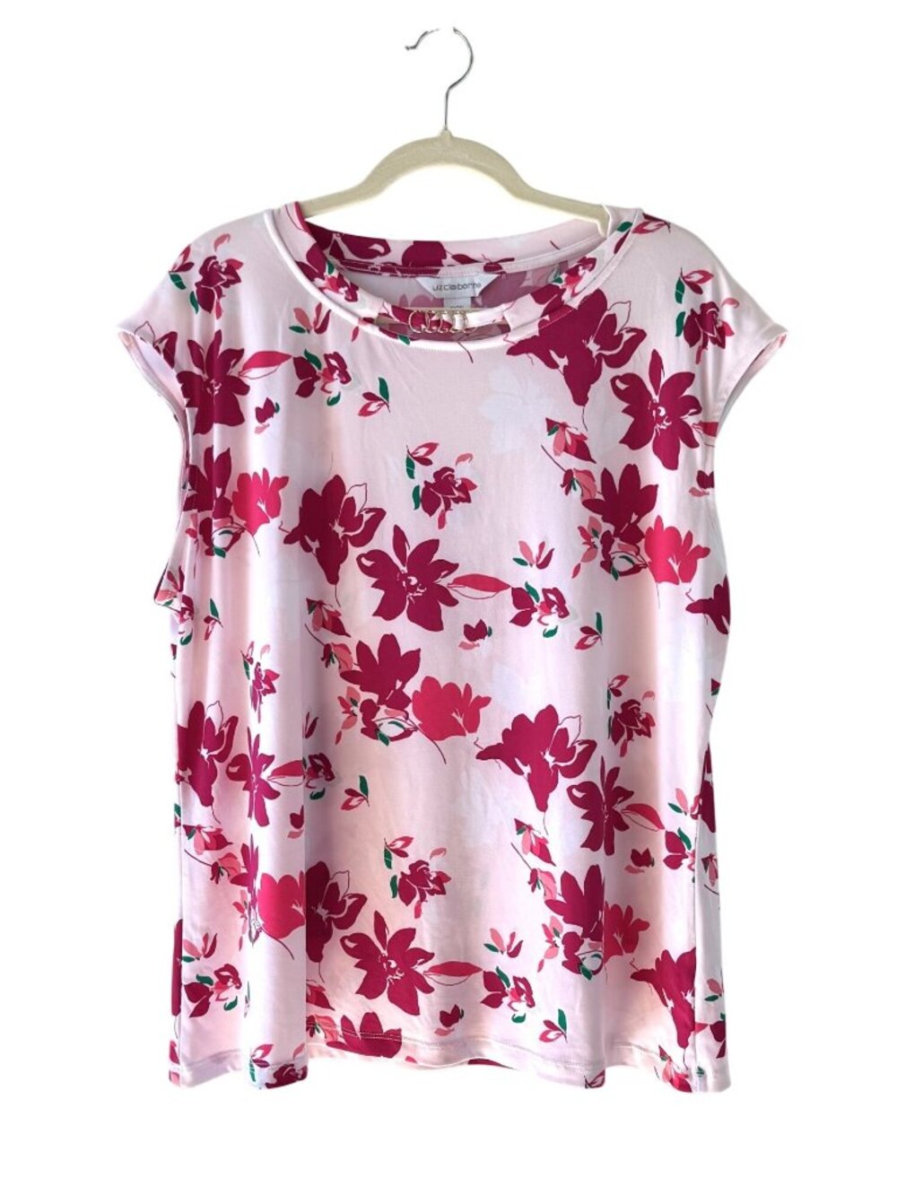 Liz Claiborne Womens PXXL Petite Blouse Pink Floral Gold Ring Neck Workwear